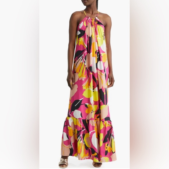 NWT Ted Baker Ikella abstract-print‎ floral pink yellow white long maxi dress - Picture 1 of 4